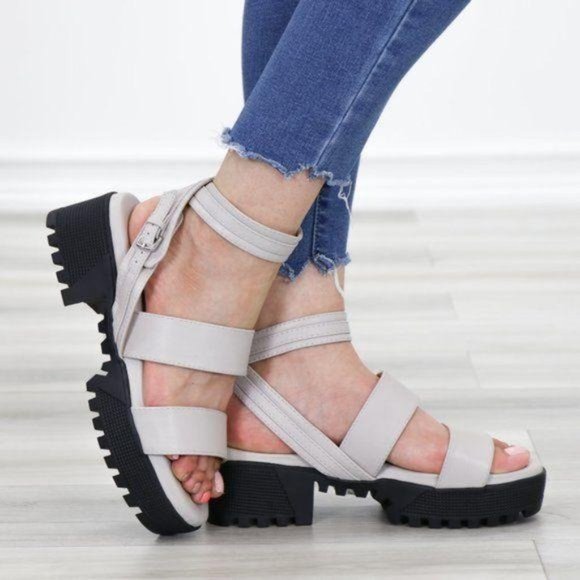 Gray Strappy Chunky Heel Sandal Faux Leather - Picture 10 of 11